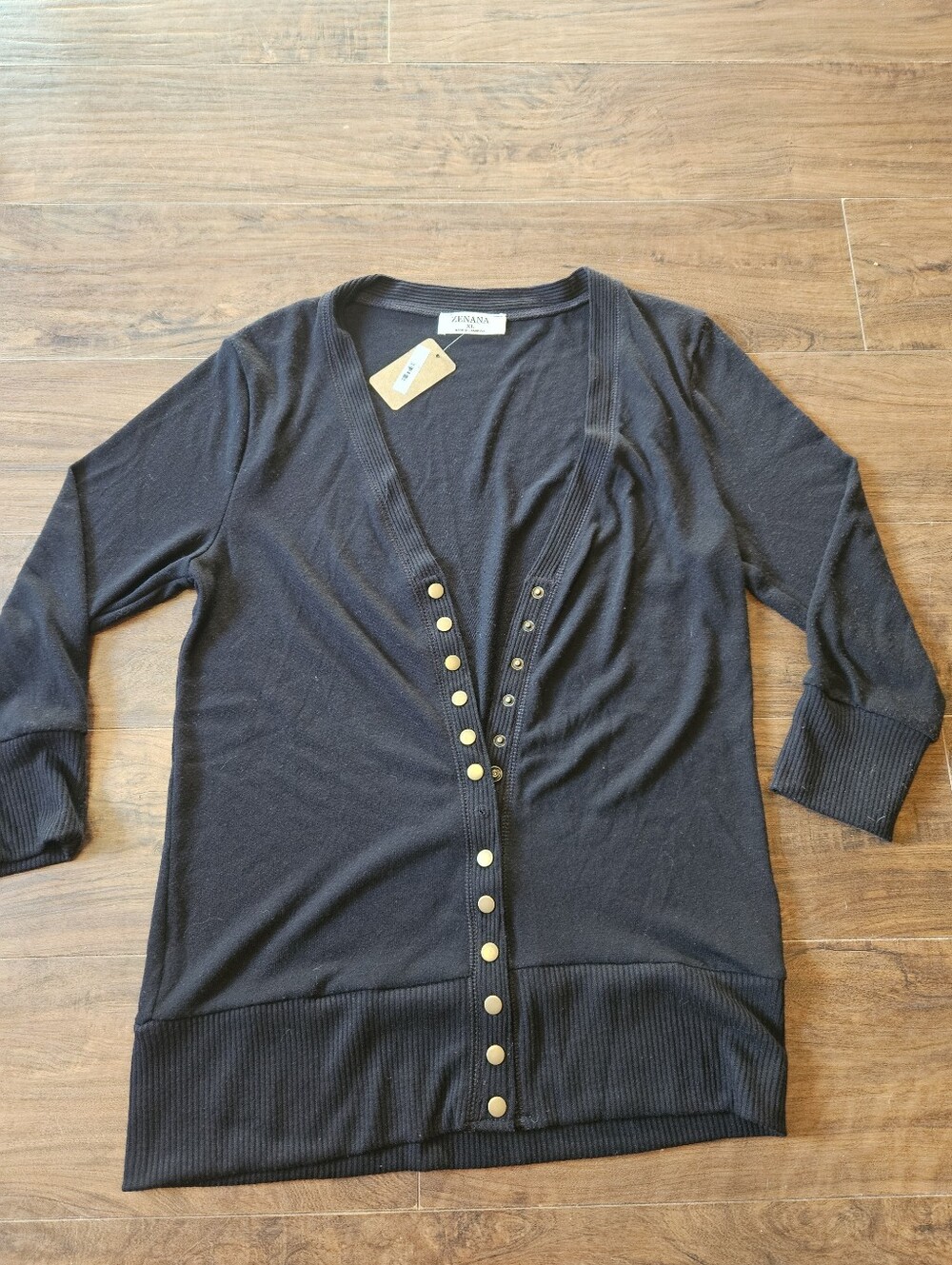 NWT Zenana Womens Black Snap Front V-Neck Cardigan Sweater 3/4 Sleeve Sz XL. #F